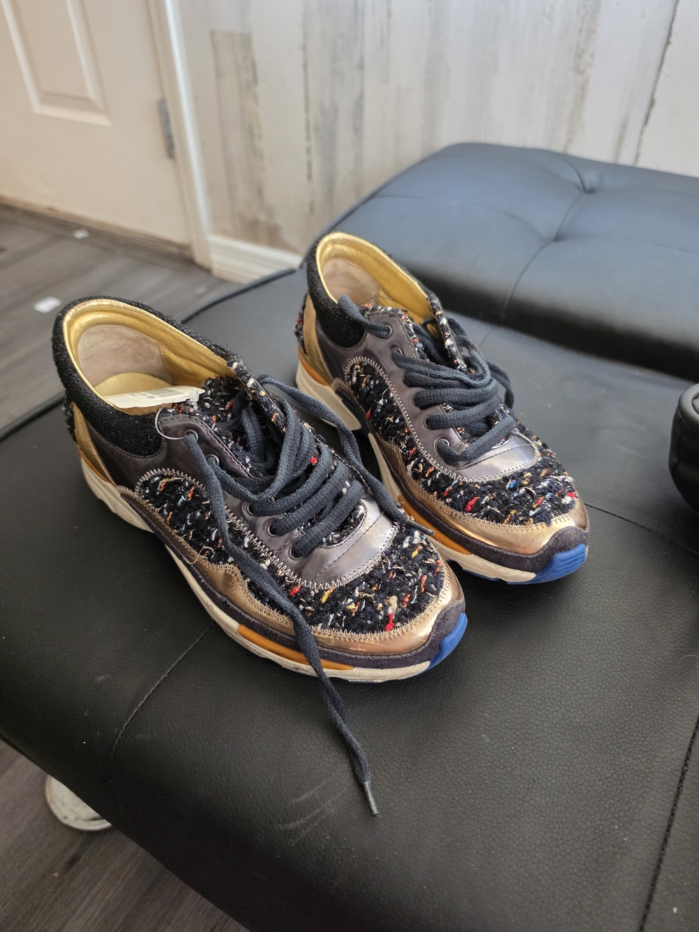 CHANEL Black & Gold Tweed & Mixed-Media Sneakers With COA Size 38